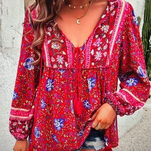 Floral Red and Blue Women's Top